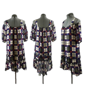 KENZIE “PRETTY” Cold Shoulder Hi/Low Black, Blue, & Red Plaid Dress, Size XS